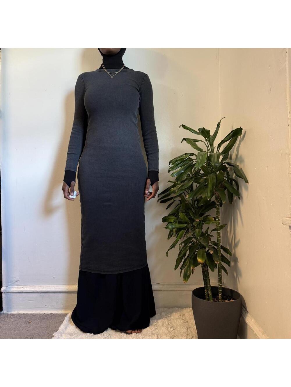Charcoal Grey Ribbed Knit Goth Grunge Maxi Dress - M stretchy